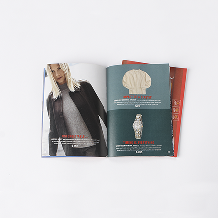 Interior page of collateral with blond girl with gray sweater and leather jacket.